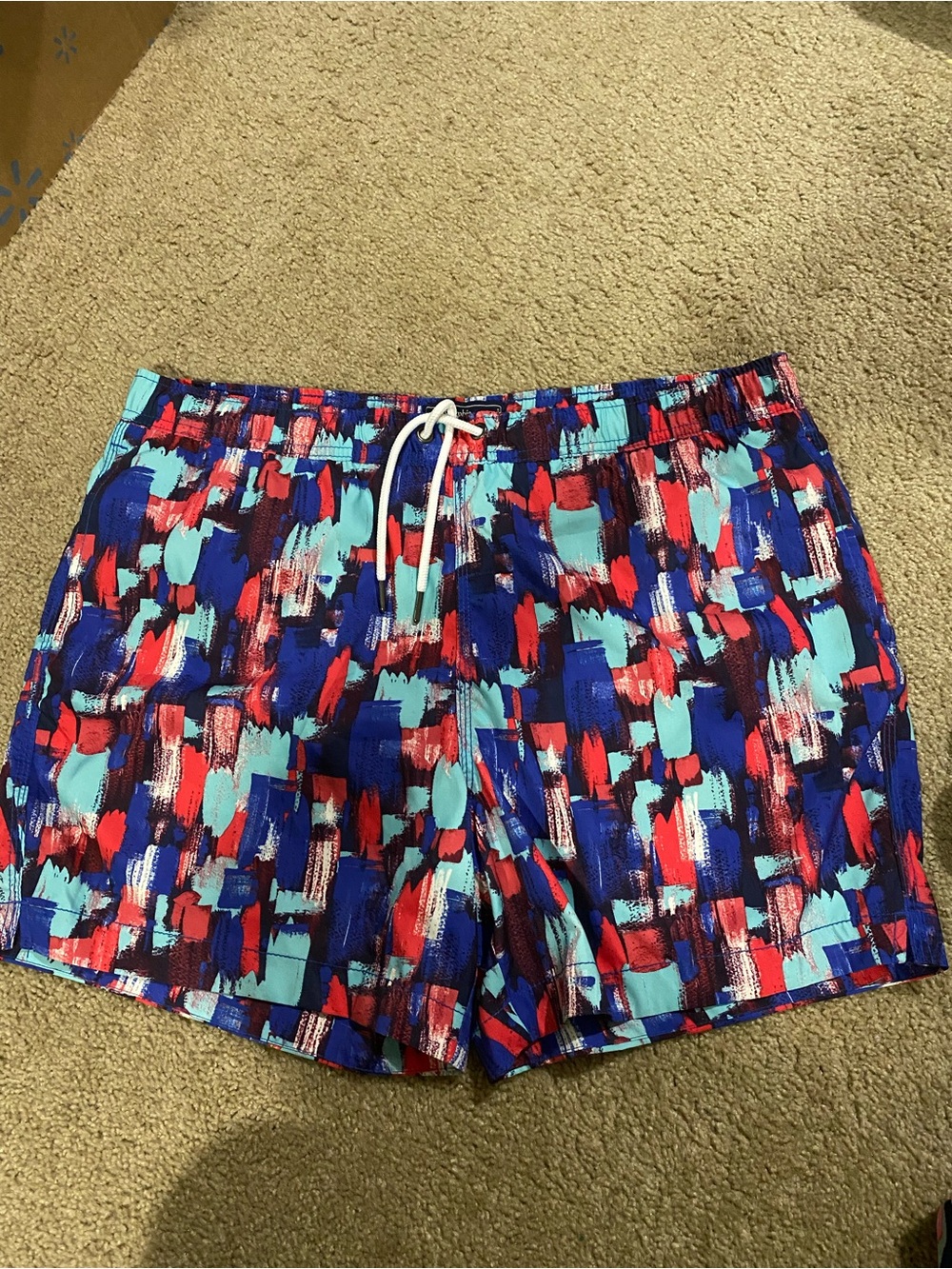 Abercrombie & Fitch Men's Multicolor Brushstroke Swim Trunks — Blue, Red, Teal